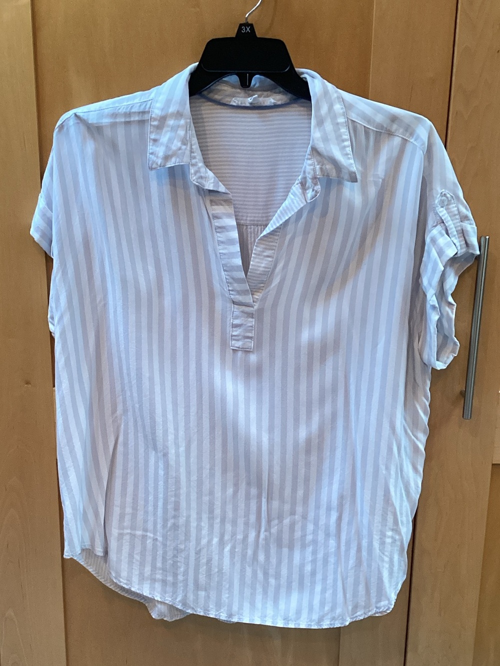 Jane and Delancey White and Light Blue Striped Collared V-Neck Tunic